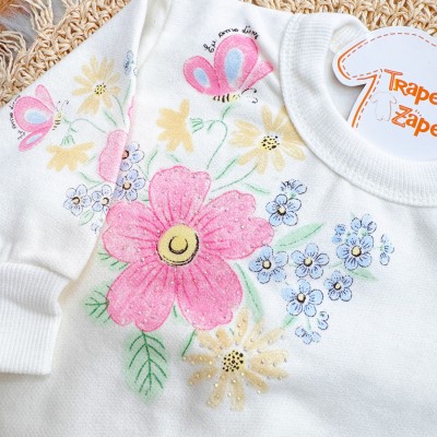 Conj. Casaco com Flores Coloridas e Calça de Moletom - Off White e Areia
